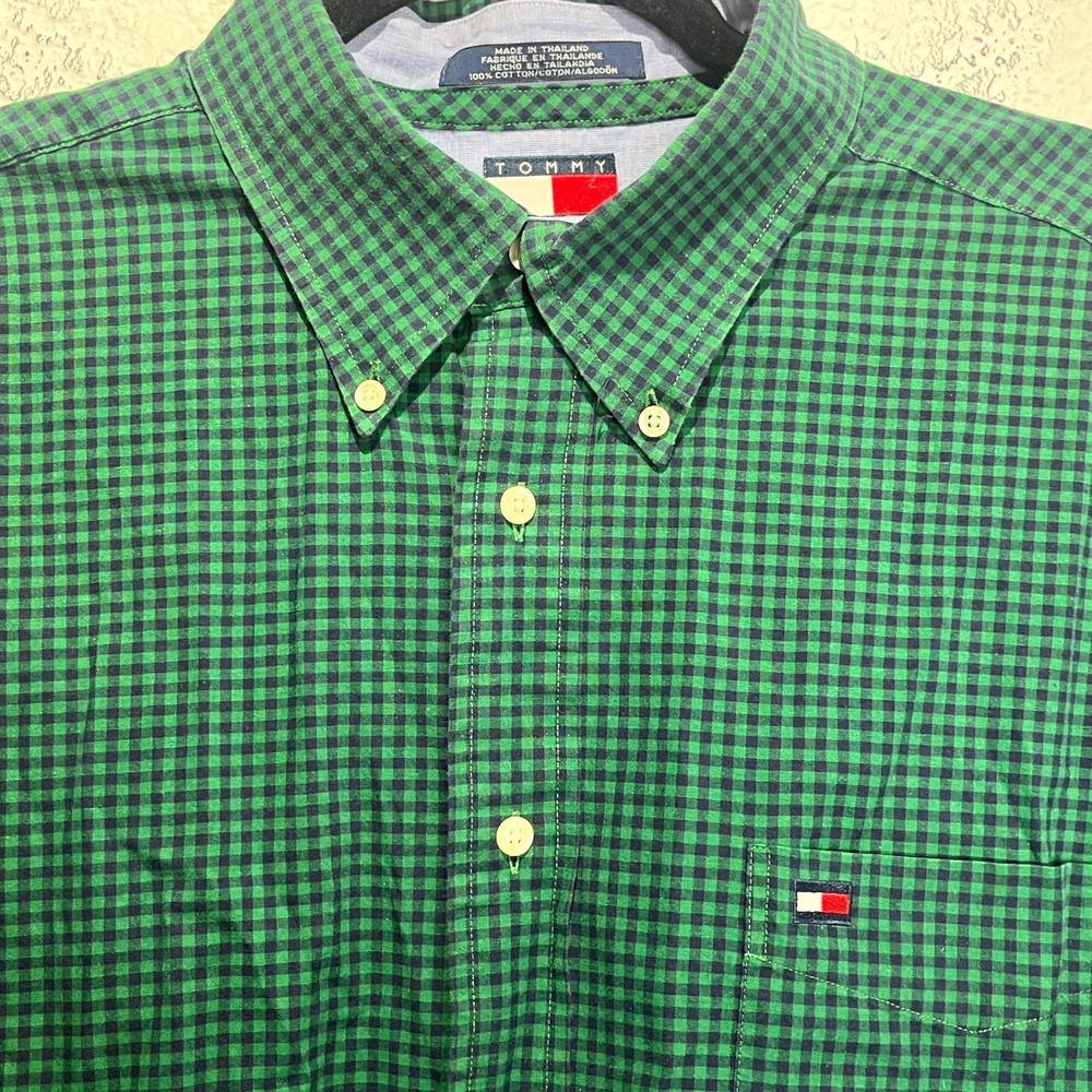 Vintage Tommy Hilfiger Shirt Men XL Green Blue Micro Gingham Pleated Button Down - Picture 6 of 13
